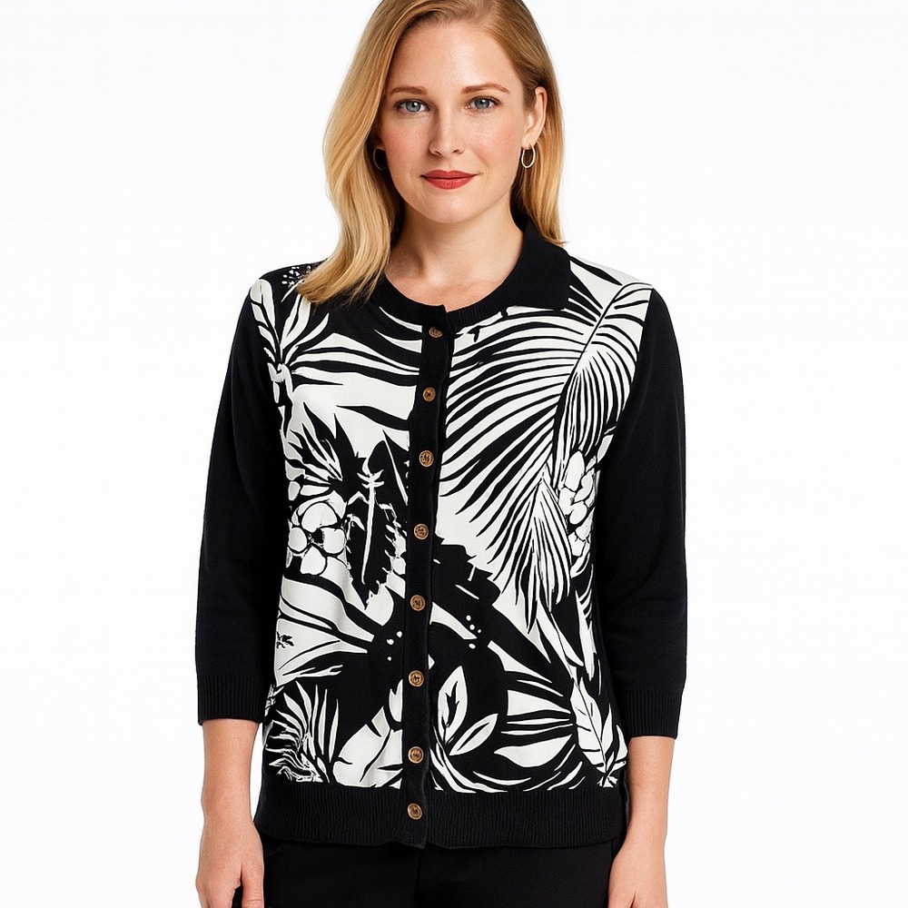 Lauren Ralph Lauren Women Sweater 1X Black White Floral‎ Silk Blend Cardigan